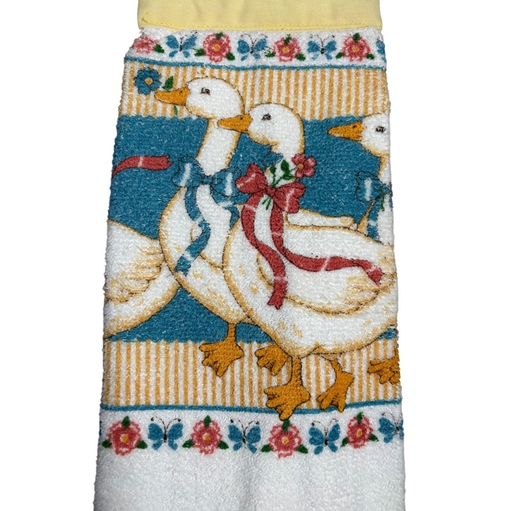 Vintage Hanging Kitchen Towel Geese Country Farmhouse Button USA Cottagecore